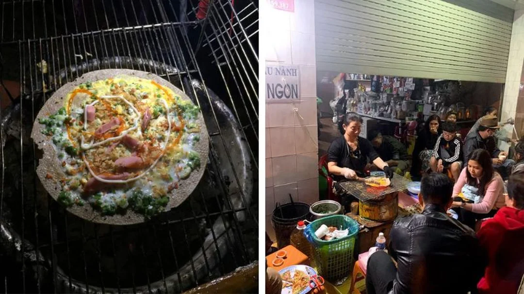 bánh tráng nướng cô phượng đặt trên bếp than giòn nóng
